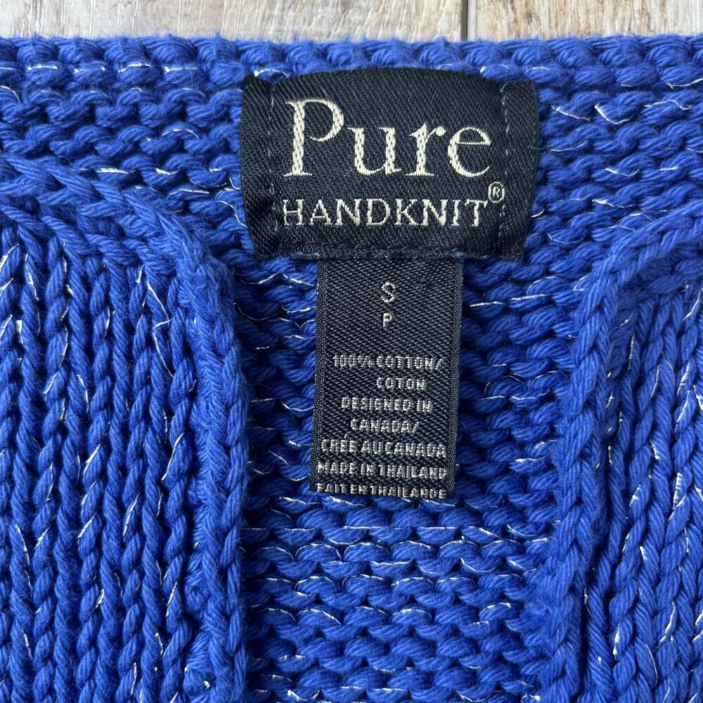 Brooch Button Handknit Womens Cotton Cardigan Size SP Blue Granny Cottagecore - Picture 9 of 12